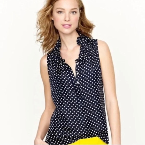 J. Crew Tops - J.Crew 100% Silk Navy And White Polka Dot Sleeveless Blouse. Size 0